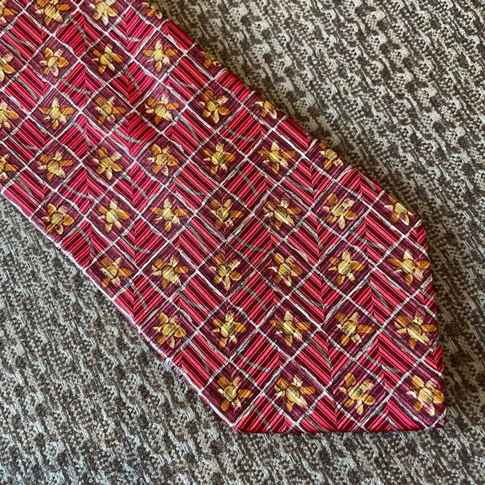 Ermenegildo Zegna Silk Tie Red Gold‎ Floral Plaid Mens Luxury Officewear